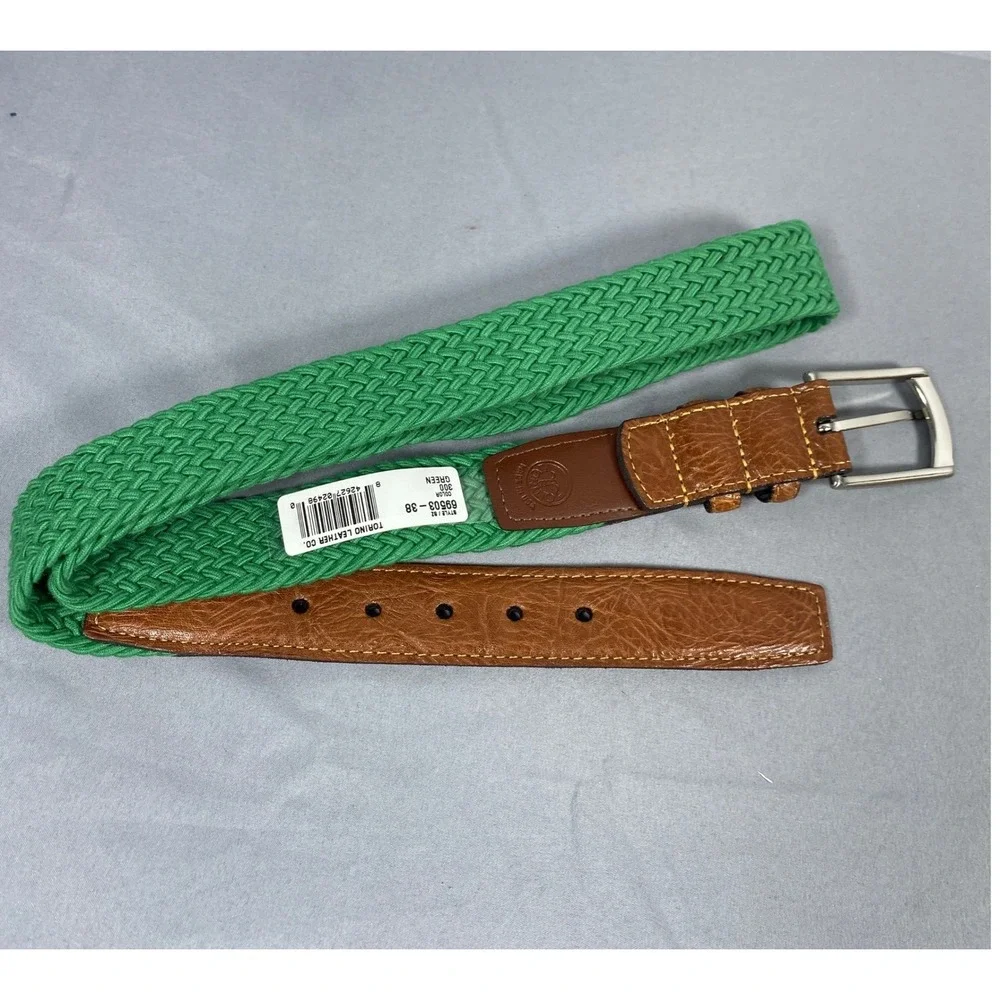Torino Leather Co Braided Belt Mens 38 Green Leather Trim Made in USA 69503 Golf